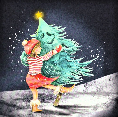 Wenskaart kerst meisje danst met kerstboom
